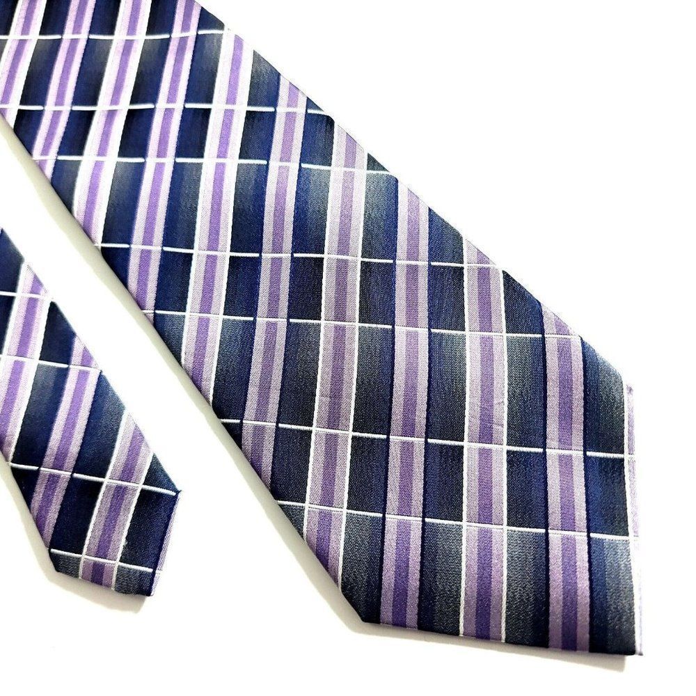 Claiborne Crazy Horse Gray Purple Blue Plaid Woven Silk Tie